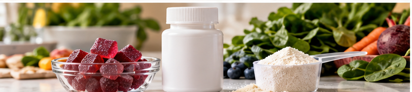 Children’s supplement bottle, gummies, powder, and whole foods for an article about evaluating supplements
