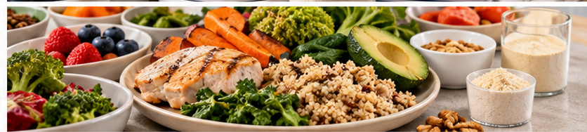 Balanced family meal with vegetables, protein, whole grains, and fruit