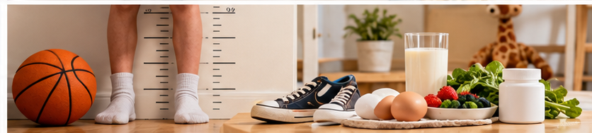 Child growth chart, sports ball, shoes, and balanced foods for an article about healthy growth