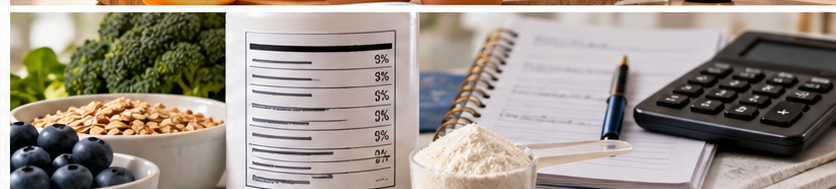 Nutrition label, calculator, and foods for an article about RDA and Daily Value