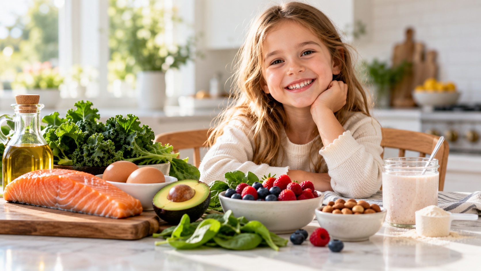 Child with whole foods for an article about vitamin and mineral absorption