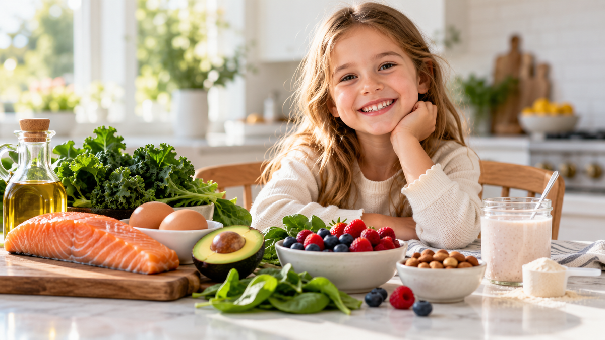 Child with whole foods for an article about vitamin and mineral absorption