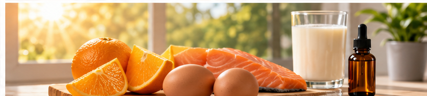 Vitamin D food sources and liquid drops in a bright family kitchen